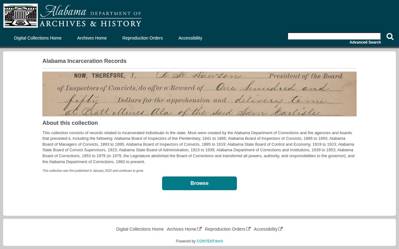 Alabama historical incarceration collection search page